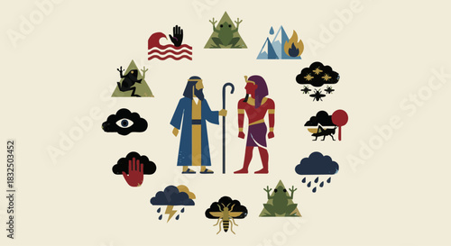The Ten Plagues (Symbolic Scene)
bible story
A unified symbolic flat-vector panel of stylized icons—blood, frogs, hail, darkness, etc