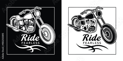 Vintage motorcycle with the text ride fearless and tribal flames, presented in a bold graphic style with contrasting black and white versions