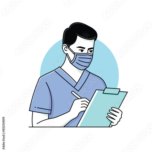 Illustration of a healthcare worker in scrubs and mask writing on a clipboard, symbolizing dedication, care, and medical professionalism.