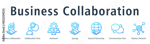 Business collaboration web banner icon vector illustration concept with icon of business collaboration, collaboration tools, teamwork, synergy, external partnership, and communication flow.