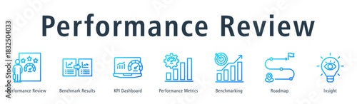Performance review web banner icon vector illustration concept with icon of performance review, benchmark results, KPI dashboard, performance metrics, benchmarking, roadmap, and insight.