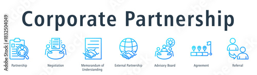 Corporate partnership web banner icon vector illustration concept with icon of partnership, negotiation, memorandum of understanding, external partnership, advisory board, agreement, and referral.