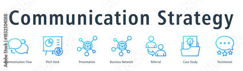 Communication strategy web banner icon vector illustration concept with icon of communication flow, pitch deck, presentation, business network, referral, case study, and testimonial.