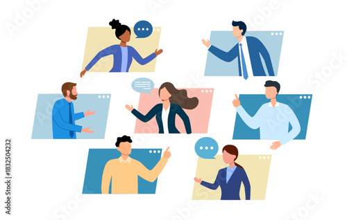 Online remote video conference call. Business communication via internet concept. Virtual distant work of people, colleagues team.