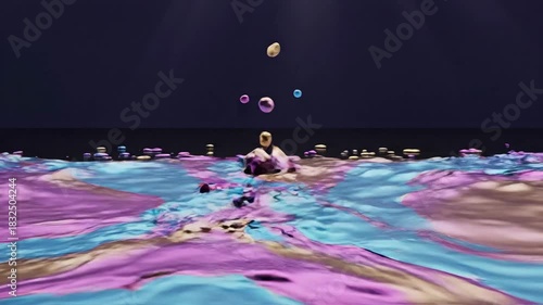 Abstract liquid forms interacting with geometric shapes and textures