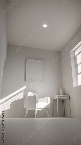 Wallpaper Mural Sunny interior 3D render with yellow armchair and teal walls. Minimalist room with window shadows, empty frame, and side table. Colorful home design concept with strong natural lighting. Torontodigital.ca