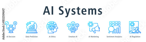 AI Systems web banner icon vector illustration concept with icon of ai decision, data prediction, ai ethics, emotion ai, ai marketing, sentiment analytics, and ai regulation.