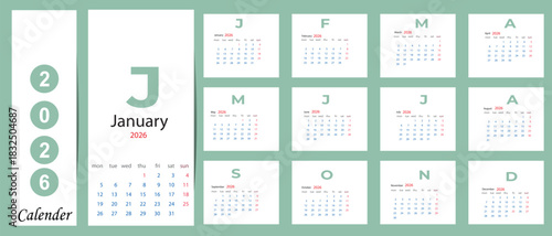 Minimalist 2026 calendar template with january month highlighted