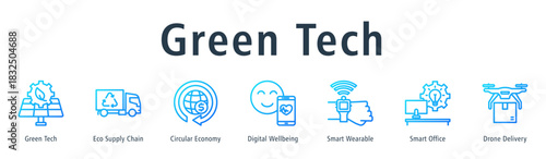 Green Tech web banner icon vector illustration concept with icon of green tech, eco supply chain, circular economy, digital wellbeing, smart wearable, smart office, and drone delivery.