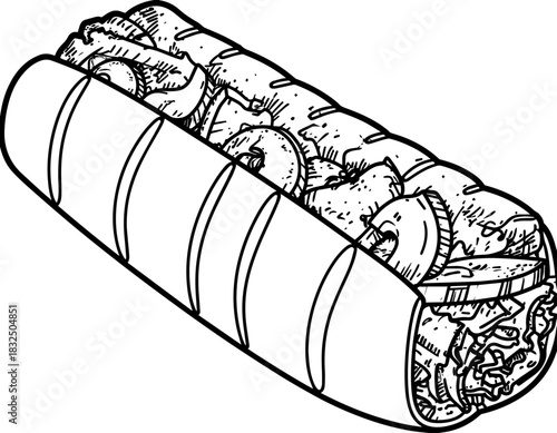 A Delicious Hand-Drawn Illustration of a Fully Loaded Sub Sandwich on a White Background
