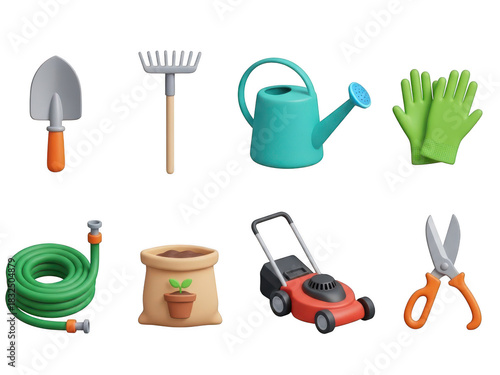 Gardening tool set collection isolated 3d render: trowel, rake, watering can, gloves, hose isolated on transparent background