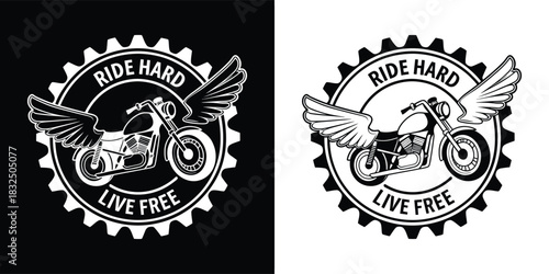 Winged motorcycle emblem with text ride hard live free on black and white background, symbolizing freedom and adventure