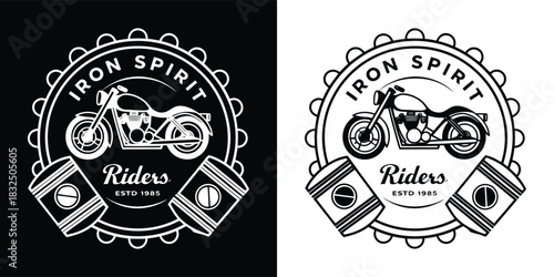 Iron spirit riders logo featuring a motorcycle and two engine cylinders, shown in both black and white and white and black versions