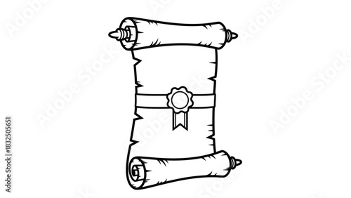 Black and white outline drawing of an ancient rolled scroll with a decorative wax seal and ribbon in the center.