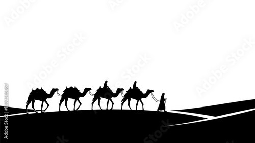 Silhouette of a camel caravan with riders and a person walking in a desert landscape, black and white illustration.