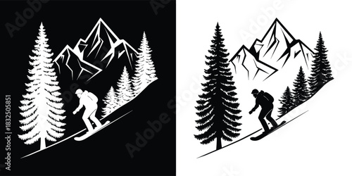 Black and white illustration of a snowboarder descending a snowy mountain slope with pine trees