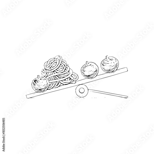 A drawing showing a see saw with a pile of spaghetti and three meatballs on a white background art