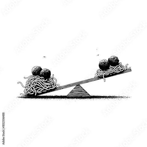 Seesaw balancing spaghetti nests topped with meatballs in a black and white ink illustration style