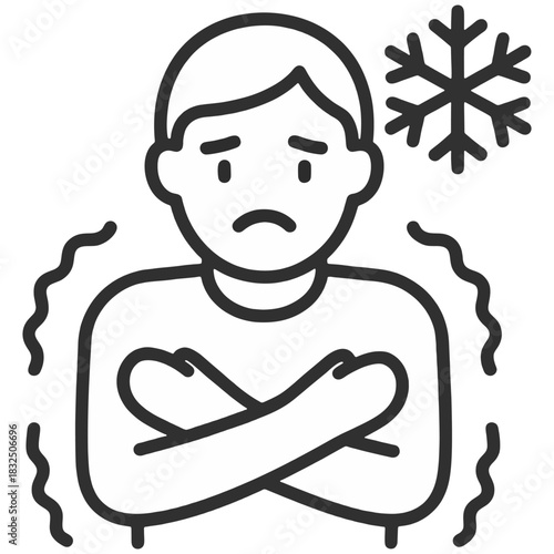Hypothermia Cold Exposure Medical Icon a shivering person with crossed arms and a snowflake symbol, representing hypothermia, cold stress, and low body temperature