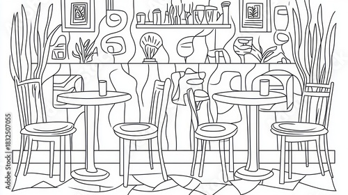 Interior cafe, line art, empty tables, plants, modern design, suitable for coloring book or print