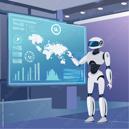 A futuristic humanoid robot analyzing global data on a large interactive touchscreen wall, showcasing advanced analytics and technology