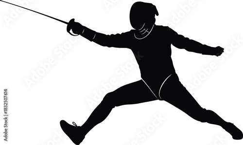 Fencer Performing Forward Lunge with Sword – Black and White Silhouette Vector Art