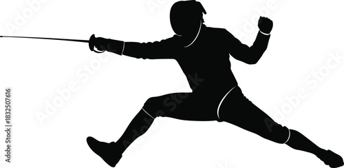 Fencer Performing Forward Lunge with Sword – Black and White Silhouette Vector Art
