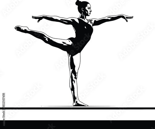 Ice Skater Performing Elegant Spin Pose – Black and White Silhouette Vector Art