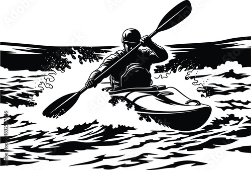 Kayaker Navigating Whitewater Rapids – Black and White Silhouette Vector Art