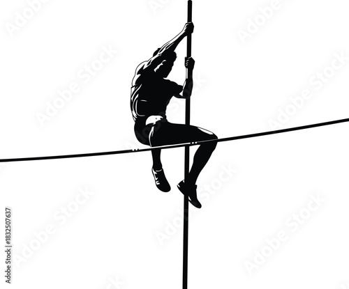 Pole Vaulter Soaring Over High Bar – Black and White Silhouette Vector Art
