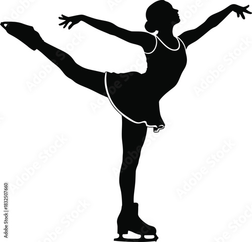 Ice Skater Performing Elegant Spin Pose – Black and White Silhouette Vector Art