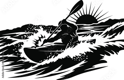 Kayaker Navigating Whitewater Rapids – Black and White Silhouette Vector Art