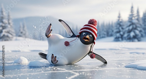 Funny penguin slipping on icy winter lake wearing red striped beanie hat, snowy forest background, playful animal scene