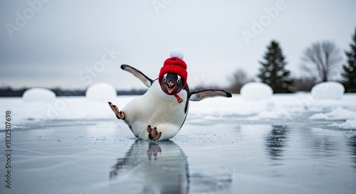 Playful penguin sliding on frozen lake in winter landscape wearing red knit hat, funny animal concept