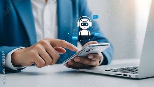 Person using smartphone with chatbot icon and conversation bubbles.