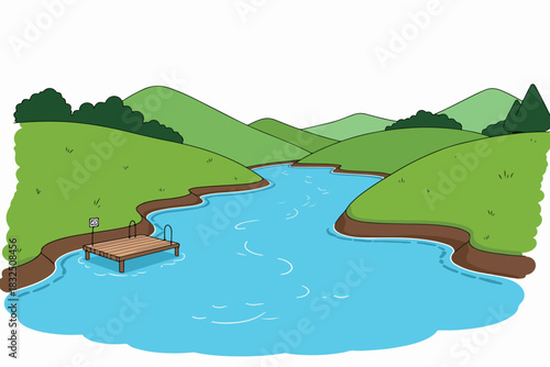 Scenic River Landscape with Wooden Dock