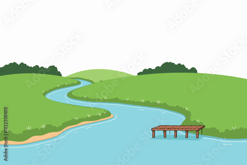 Scenic River Landscape with Wooden Dock