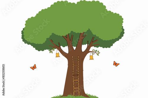 Cartoon Tree with Ladder and Butterflies