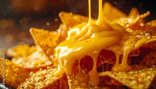 Close up melted cheese dripping over crispy nachos