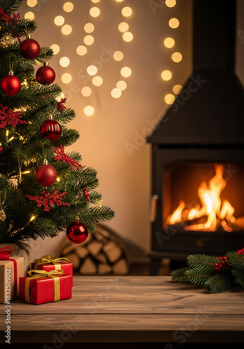 Wooden Tabletop Product Display Surface with Defocused Burning Fireplace and Red Ornamented Christmas Tree Bokeh