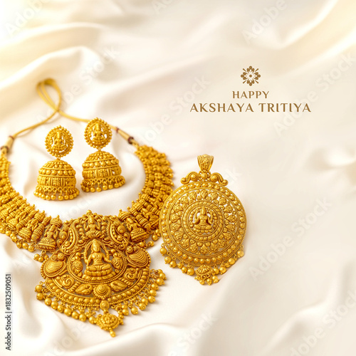 A luxurious Akshaya Tritiya Poster, gold jewellery earrings. Soft white fabric Background