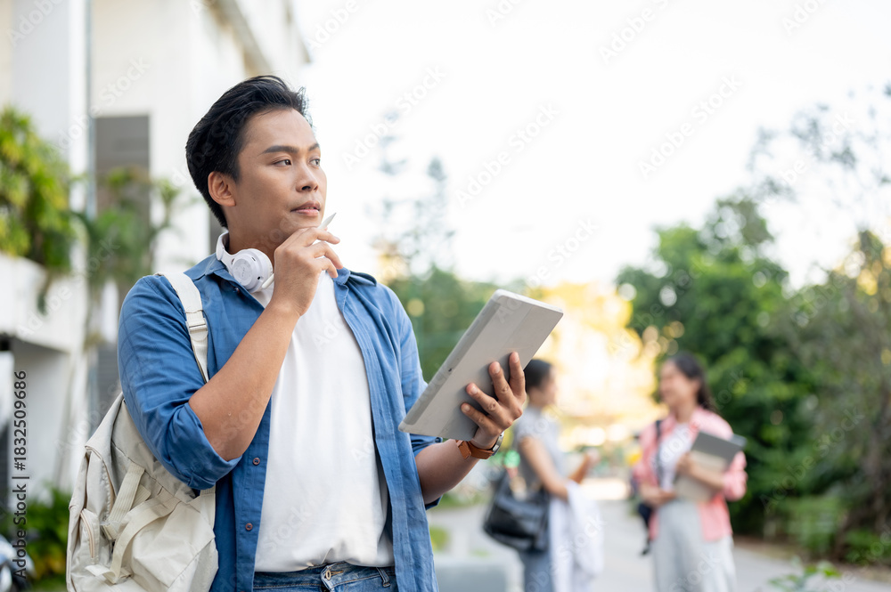 Fototapeta premium Asian man student carrying a bag holding pen looking away from tablet while standing in university.