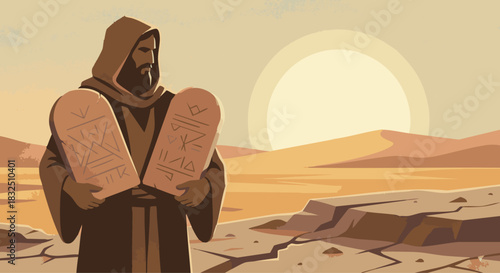  The Ten Commandments
Bible story
Moses holding two flat stone tablets, geometric lines engraved subtly, strong silhouette against a glowing horizon, muted clay and stone tones.