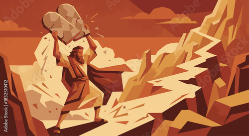 Moses Breaking the Tablets
Bible story
Moses raising the stone tablets overhead before dropping them, geometric dynamic pose, stylized mountain path behind, warm clay tones with dramatic edges.
