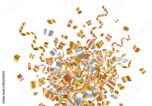 A festive explosion of metallic confetti and streamers, floating upwards on white.