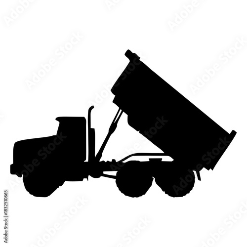 Black silhouette of a dump truck unloading soil, clean sharp edges
