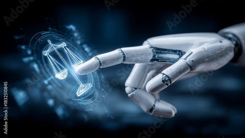 A robotic hand interacting with a justice scale hologram, symbolizing ethical decision systems and balanced evaluation within artificial intelligence.
