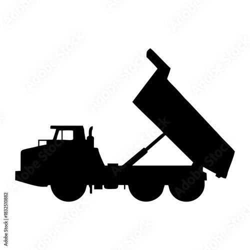Black silhouette of a dump truck unloading soil, clean sharp edges