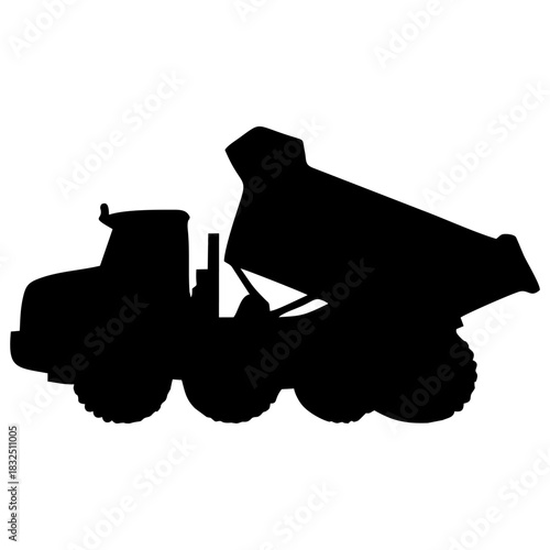 Black silhouette of a dump truck unloading soil, clean sharp edges