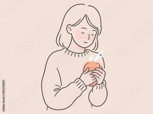 A simple illustration of a woman warming herself with a hot water bottle.